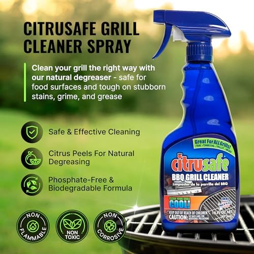 Citrusafe heavy duty degreaser spray being applied to cool outdoor barbecue grates.