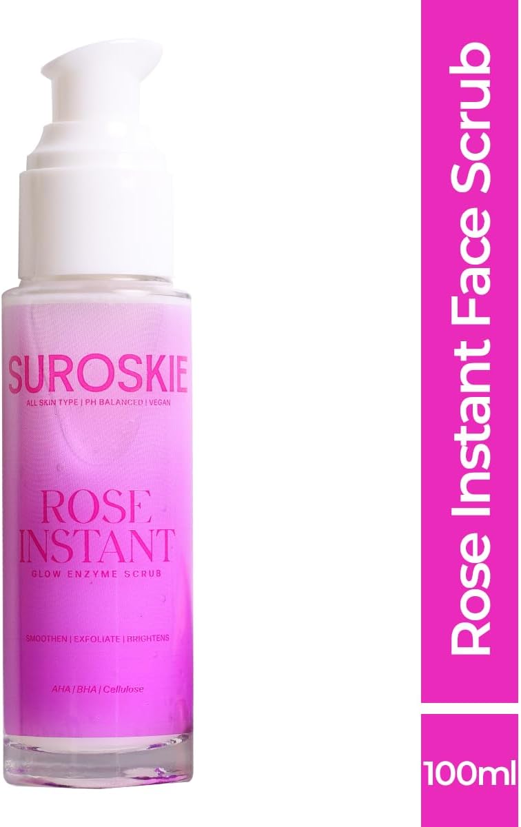 Suroskie Rose Instant Enzyme Face Scrub pump bottle angle shot