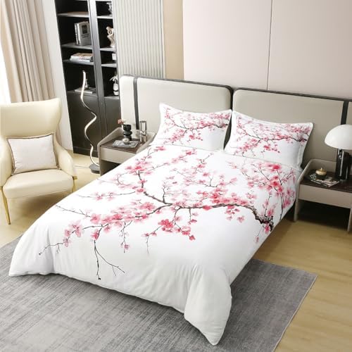 Japanese style pink blooming floral comforter cover close up texture