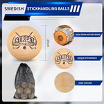 DLUGOPIS two inch hardwood hockey training balls arrayed in a row.