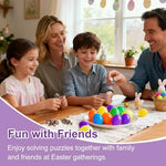 A collection of thirty-two assembled puzzle eggs arranged neatly to display the vibrant assortment of holiday colors.