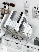 Close up view of the thick clear plastic construction of the media shelf.