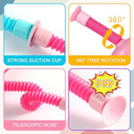 Close up view of the suction cup base on the flexible giraffe toy showing surface adhesion.