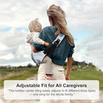 Huefain lightweight cotton toddler carrier demonstrating side hip carry position