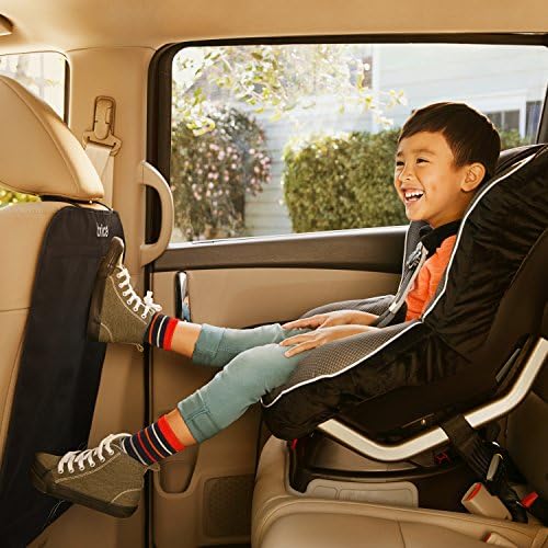 Deluxe kick mat attached to front passenger seatback protecting upholstery from dirty toddler shoes