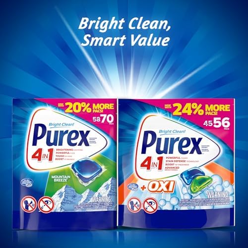 Safe storage instructions and ingredient list on the back of the Purex 70 count laundry pouch.