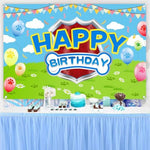 Danilaziya birthday party backdrop paired with colorful balloons for an indoor event.