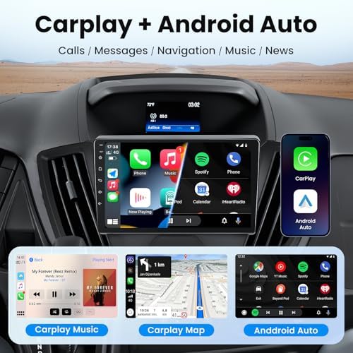 Jerqry 9 inch car radio showing wireless Apple CarPlay interface on screen