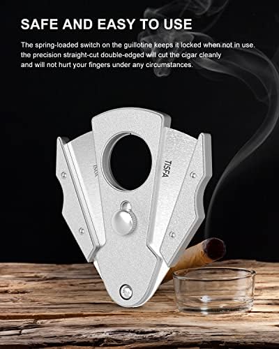 TISFA Cigar Cutter Stainless Steel Double Cut Blade with Safety Lock Cigar Guillotine, Sharp Cigar Clipper Scissors with Leather Case (Sliver) - Image 5