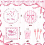 Pink bow themed dinner and dessert plates for 24 guests