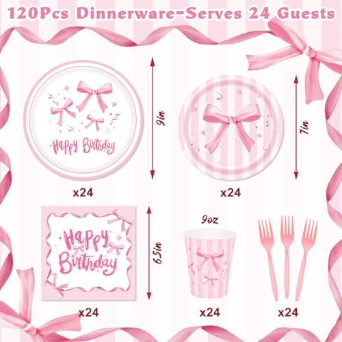 Pink bow themed dinner and dessert plates for 24 guests
