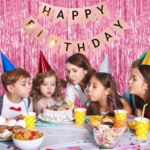 Princess pink theme birthday party photo booth backdrop with metallic streamers