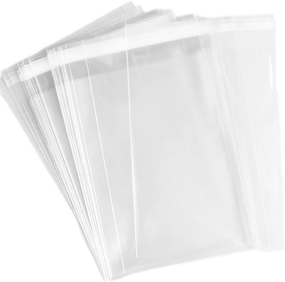 Delatanus clear cellophane cello bags front view showcasing a pack of one hundred fifty transparent plastic packaging sleeves.