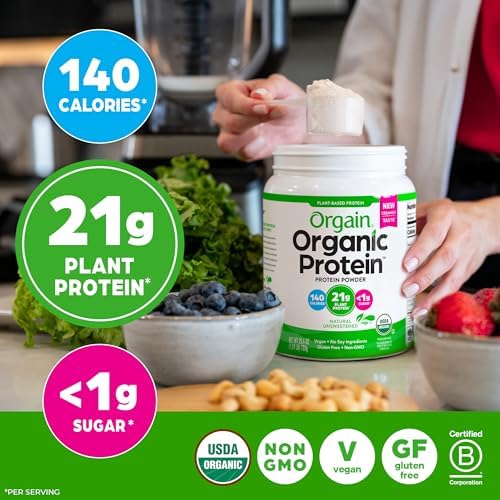 Natural Unsweetened Orgain protein powder in a lifestyle setting for smoothies