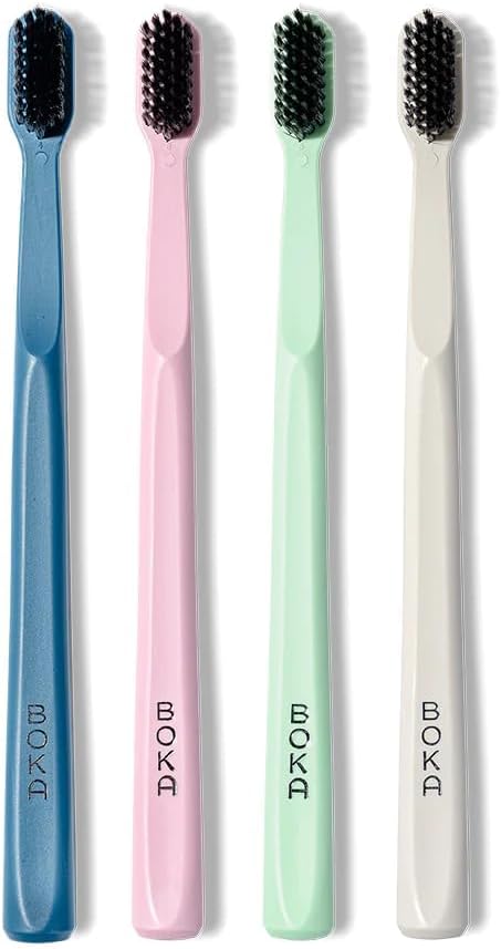 Boka Classic Manual Toothbrush with Extra Soft Activated-Charcoal, Tapered Bristles, Bioplastic Handle That Includes Travel Cap, Dentist-Approved, Great for Adults and Kids, Multi Color (Pack of 4) - Image 1