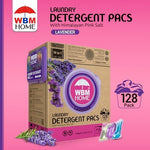 Close up of 3-cavity WBM lavender laundry pacs showing concentrated liquid formula.