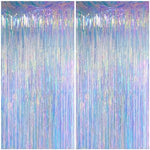 Two pack of Melsan holographic tinsel photo curtains hung on a wall for a mermaid party backdrop.
