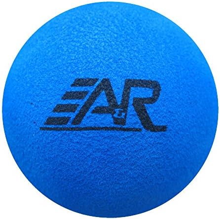 Six-pack of blue soft foam mini goal hockey balls by A and R Sports arranged neatly for indoor play.
