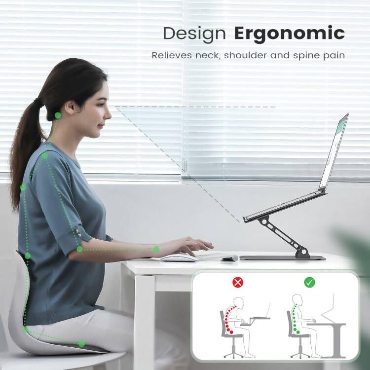 Orlian ergonomic computer holder side angle displaying adjustable height settings and tilt functionality