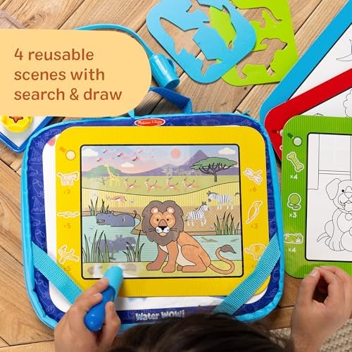 Melissa & Doug mess-free water drawing pad open with rainbow board and four animal-themed activity cards displayed.