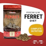 Back label details of premium imported ferret pellets with thirty eight percent protein.