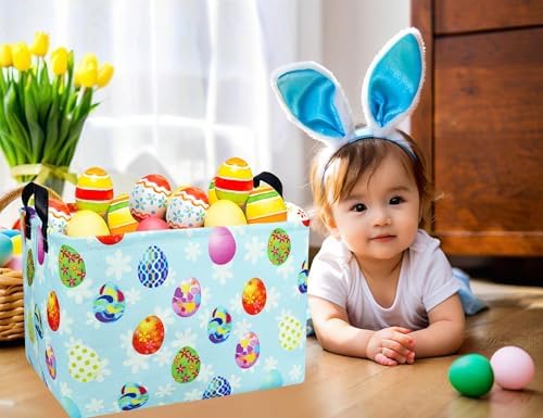 Side view of BOOHIT blue creative egg storage bin filled with children books and toys