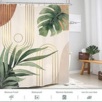 Top hem view of the Glawry sage green botanical shower curtain highlighting the durable reinforced grommets and included plastic hooks.