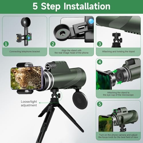 KTBDING 80x100 monocular telescope side view showing the ergonomic non slip green rubber casing and focus wheel
