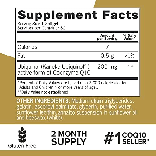 Back label of Qunol Ubiquinol 200mg showing authentic ingredients list and daily usage instructions for adults