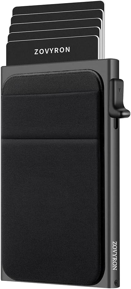 Zovyron slim pop up wallet front view showing metal card case and money pocket.
