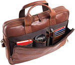 Spacious main compartment profile of the 18 inch leather laptop satchel bag displaying internal pockets.