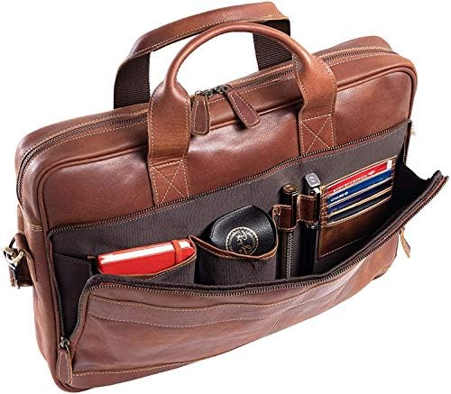 Spacious main compartment profile of the 18 inch leather laptop satchel bag displaying internal pockets.