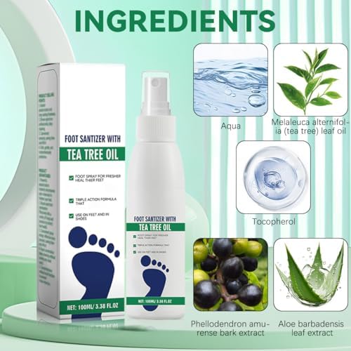 Tea tree oil feet spray being applied to skin for freshness.