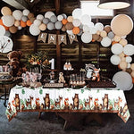 Woodland themed baby shower table layout featuring the durable Trewave animal print cover.