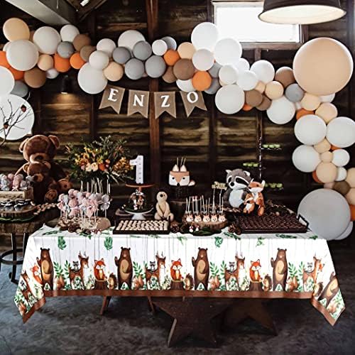 Woodland themed baby shower table layout featuring the durable Trewave animal print cover.