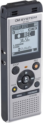 OM SYSTEM Olympus WS-882 compact electronic sound tracking system demonstrating lightweight build and pocket-sized dimensions.