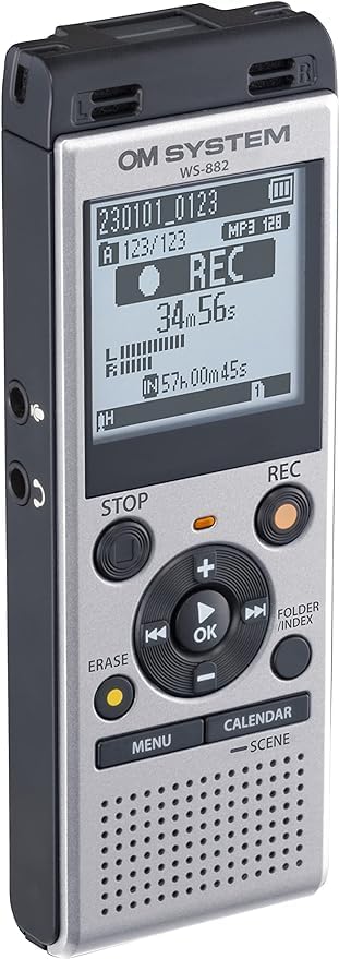 OM SYSTEM Olympus WS-882 compact electronic sound tracking system demonstrating lightweight build and pocket-sized dimensions.