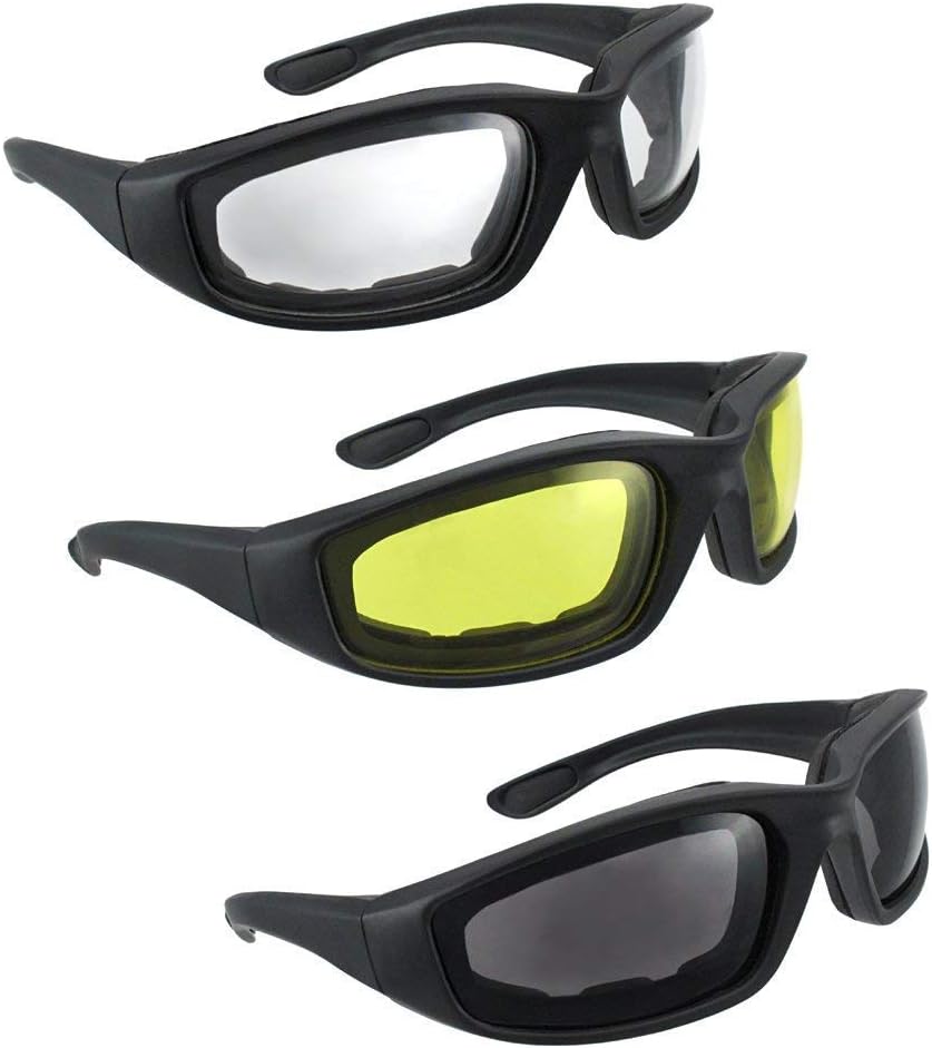 HiSurprise 3 Pair Motorcycle Riding Glasses front view showing smoke clear and yellow lens variants.