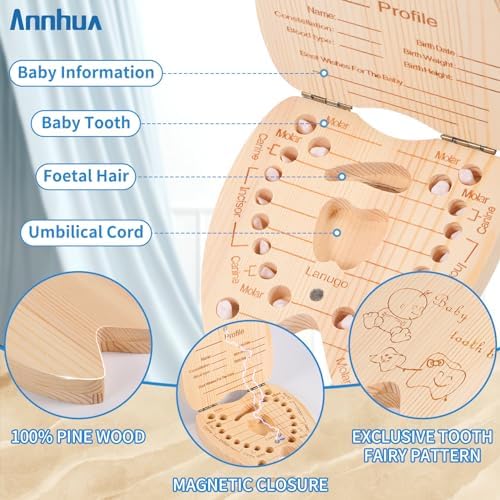 Open baby tooth storage box with labeled tooth slots