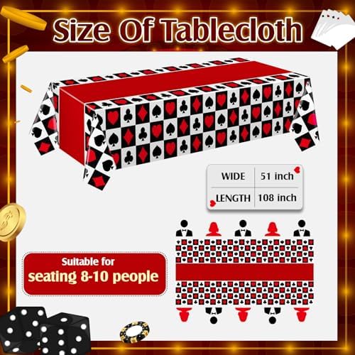 Three pack of rectangular plastic disposable table covers laid out for a casino themed house party.