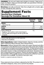 Solaray Flaxseed Oil supplement label detailing Omega 3 6 9 content