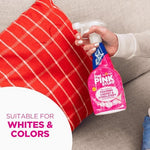 Foaming action of The Pink Stuff lifting a coffee stain from a white rug