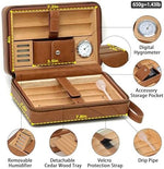 Goshentech cedar wood lined travel case interior showing built-in hygrometer and humidifier
