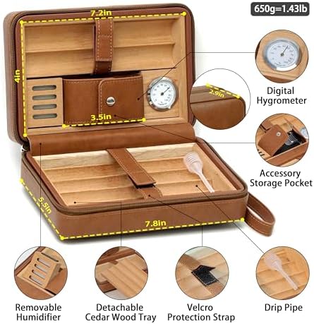 Goshentech cedar wood lined travel case interior showing built-in hygrometer and humidifier