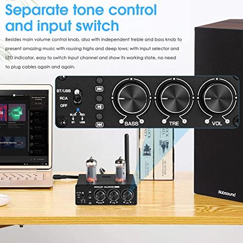 Douk Audio P6 MINI audio component showcasing the treble and bass tone control layout.