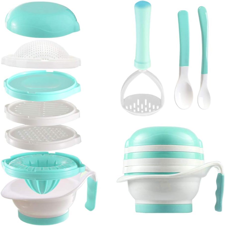 Matyz Versatile Baby Food Maker Set front view of mint green 5-in-1 manual food mill components