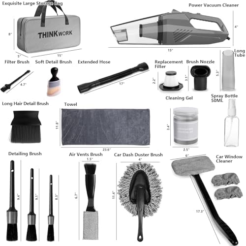 THINKWORK automotive interior cleaning tools side view showing various nozzle attachments and detailing brushes