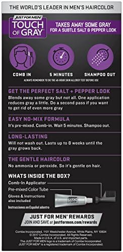 Just For Men Touch of Gray Black packaging highlighting the built-in comb applicator