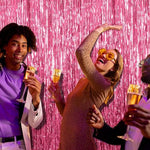BOMSI pink theme party decorations paired with balloons to show complete celebration setup ideas.