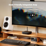 Fosi Audio BT30D 2.1 channel receiver back panel displaying speaker terminals and RCA inputs.